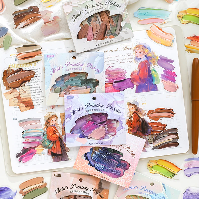 30pcs/Pack Vintage Artists Palette PET Stickers DIY Decorative Junk Journal Stickers For Scrapbook Label Diary Album Planner