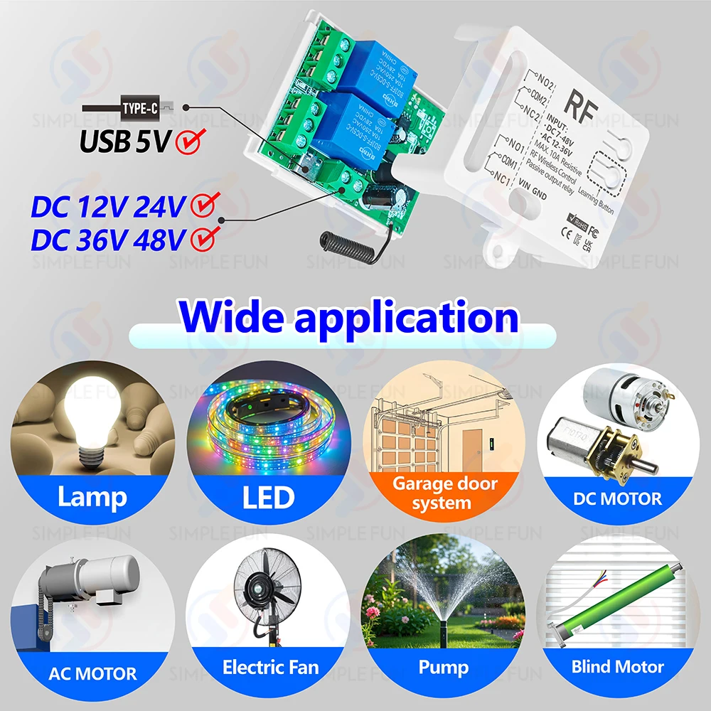 Wireless Remote Control Switch 433MHz 12V 24V 36V 48V Type-C 5V 2 CH Relay Module for Light/LED/Motor/Pump/Garage Door Pulse