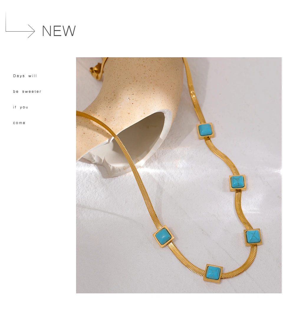 Yhpup Blue Artificial Turquoise Snake Chain Necklace Stainless Steel Golden Collar Jewelry for Women бижутерия для женщин Gift