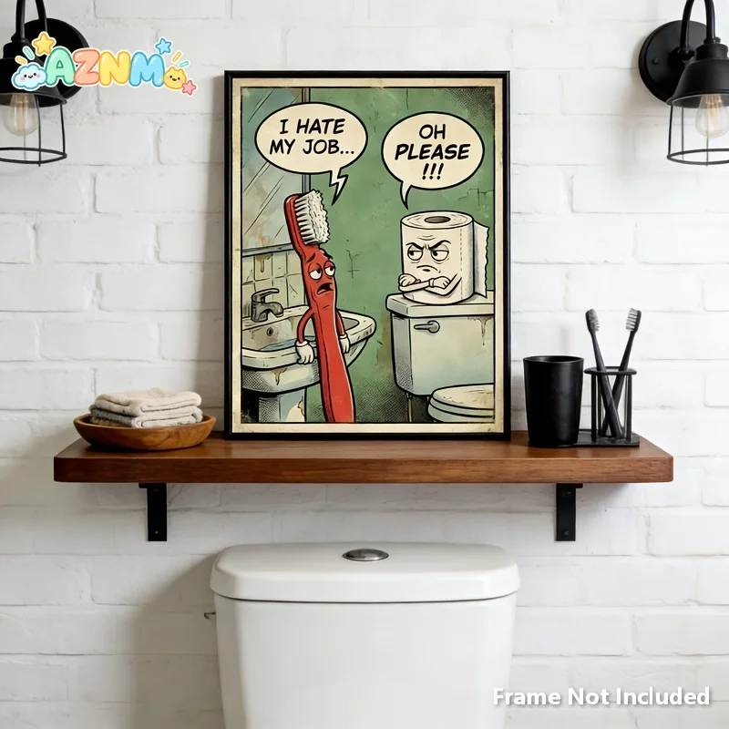 2D Flat, 2D Flat, Funny Retro Comic Toilet Paper And Toothbrush Bathroom Wall Art Print, 