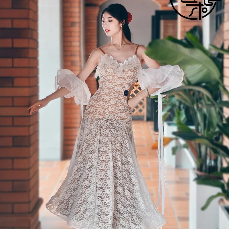 Customized Lace Flower Romantic Modern Dance Dress Performance Skirt Group Dress Art Exam Ballroom Dance Dress Women Competition