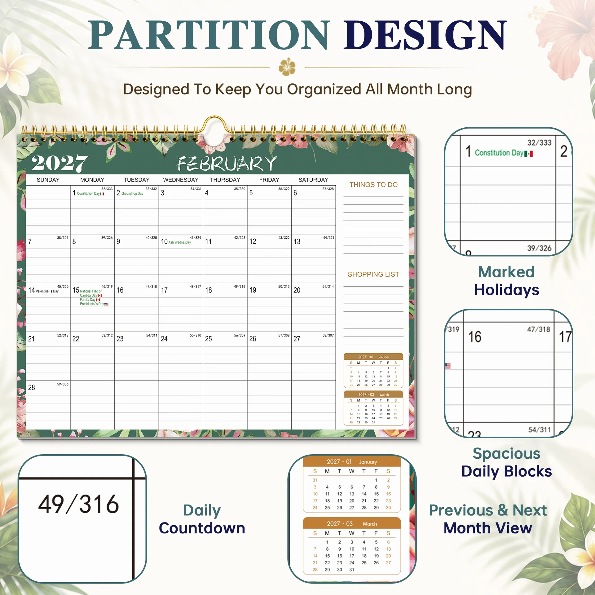 2027 Wall Calendar and Desk Monthly Calendar with 12 Month Floral Design, English Month Grid Planner with Shopping List