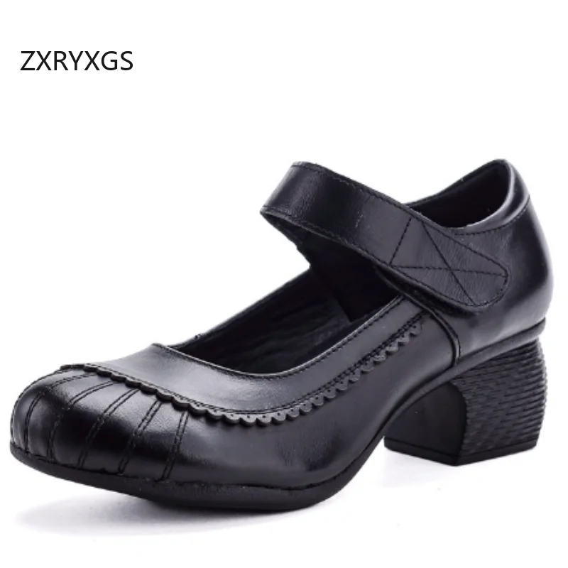 

ZXRYXGS 2025 New Spring Round Toe Elegant Fashion Genuine Leather Shoes Woman Thick Mid Heels Temperament Trendy Banquet Shoes