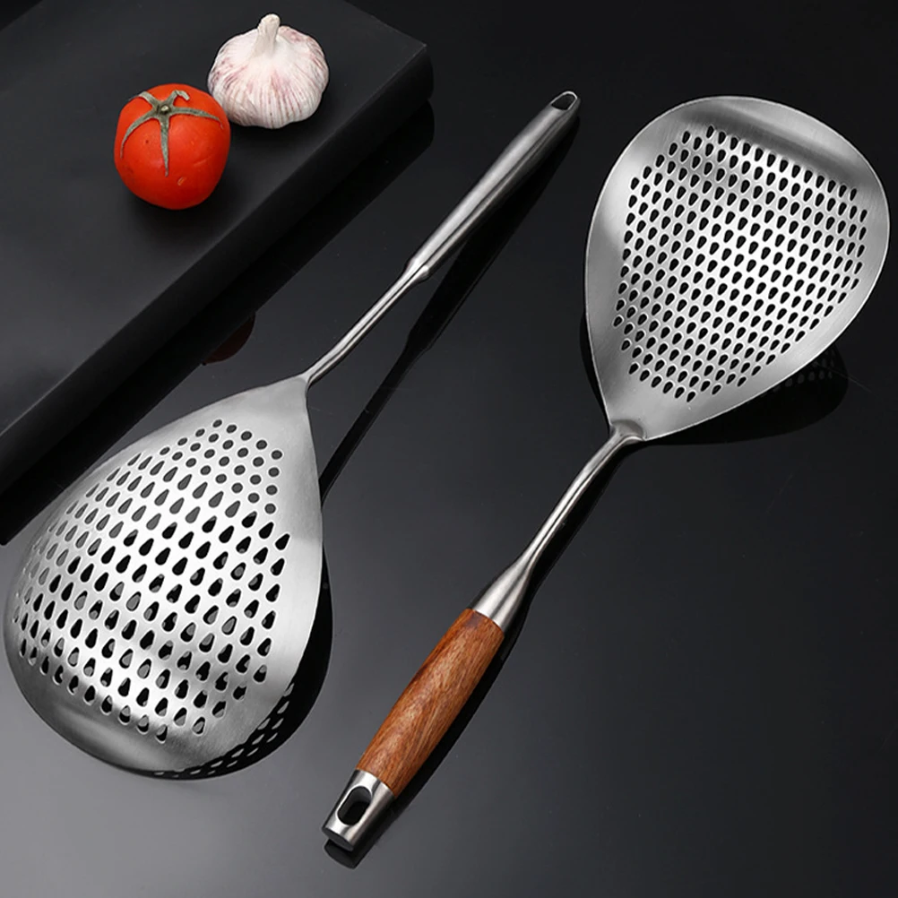 

Stainless Steel Noodle Strainer Spoon with Wood Handle Large Capacity Metal Slotted Spoon for Kitchen Pasta Fried Food