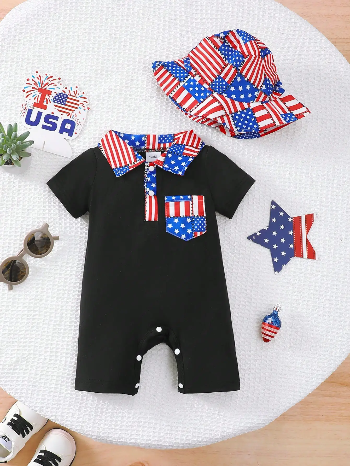 Newborn Boys' Summer Fashion Casual Sports Short-Sleeve Romper + Hat 2-Piece Set, Independence Day Star-Striped Print Polo Collar Pocket Short-Sleeve Romper Shorts, Summer Children's Clothing