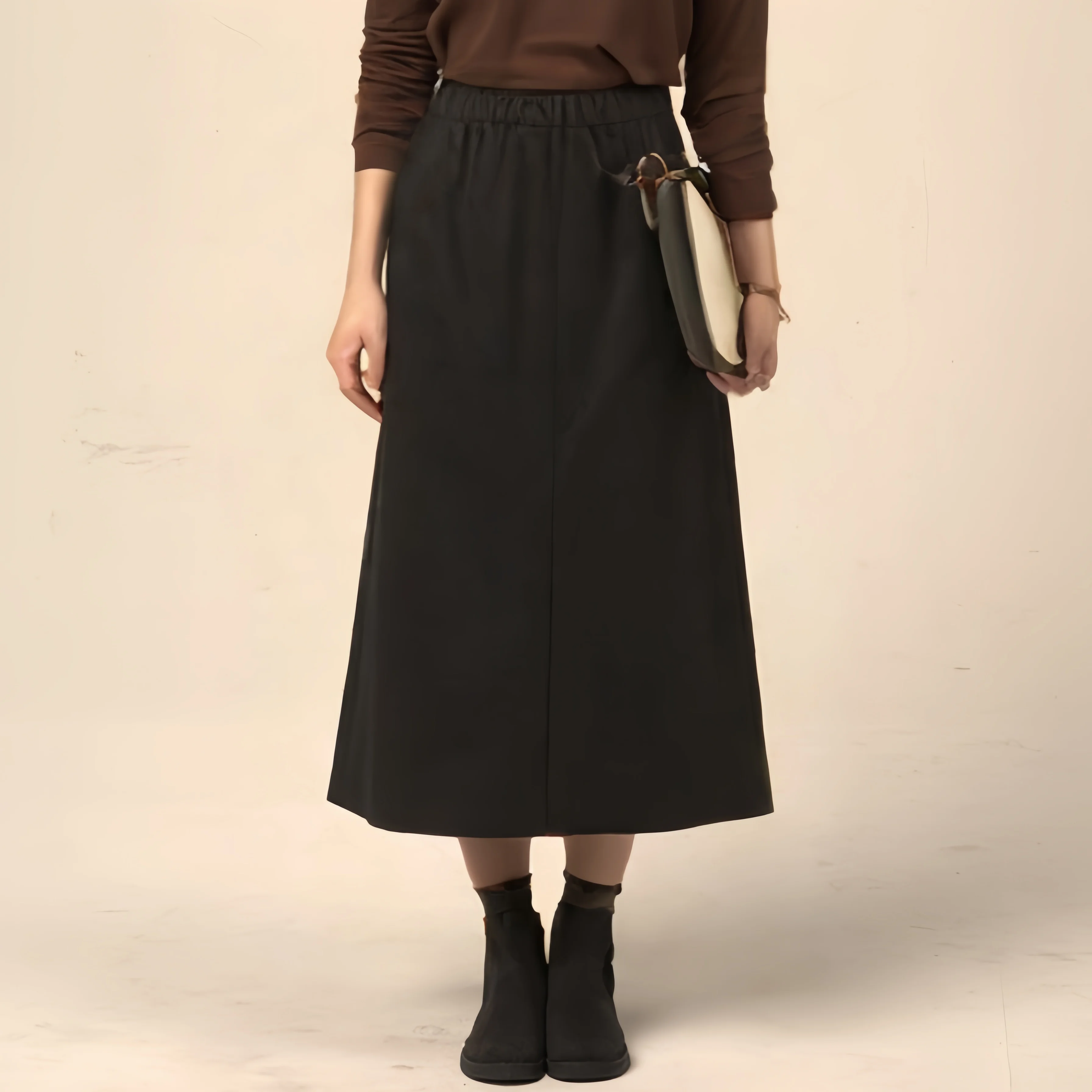 Taop&Za women's fashionable and versatile black skirt, slit elastic waistband design, comfortable and fashionable