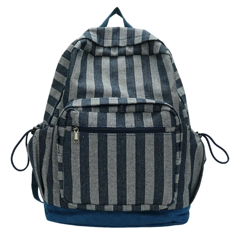 Korean Style Grey Stripes Backpack Lightweight Multi-pocket Star Printing Backpack Adjustable Straps Commuting