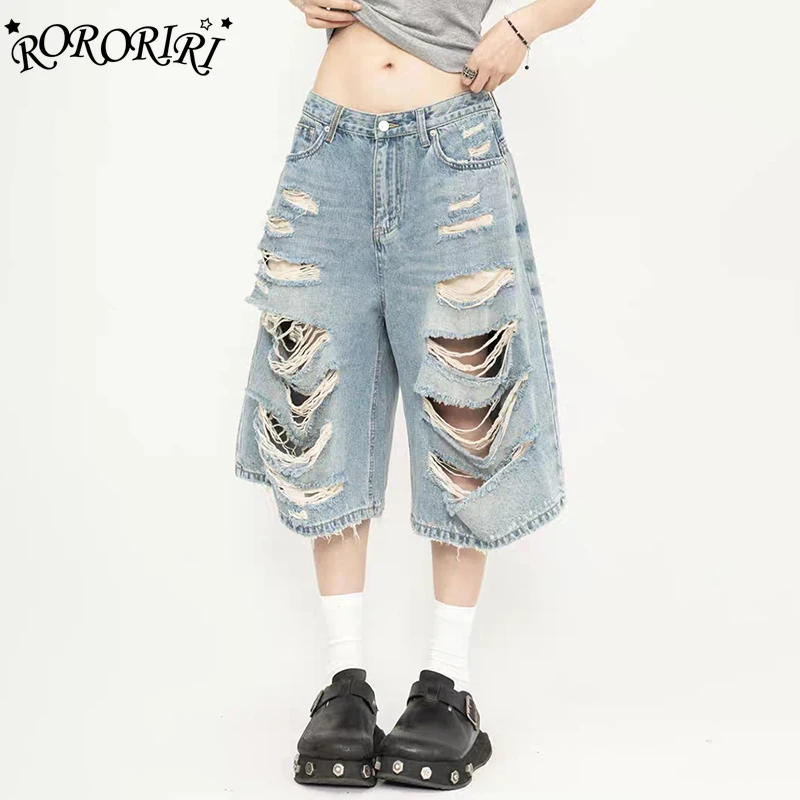 

RORORIRI Blue Wash Ripped Hole Baggy Jeans Jorts Women Low Waist Do Old Casual Wide Leg Frayed Denim Shorts Y2k Retro Streetwear