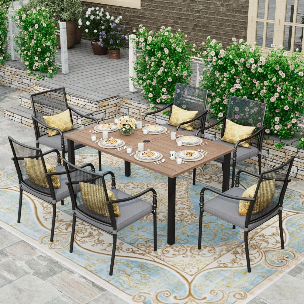 HERA'S HOUSE 6-Person Outdoor Dining Table Rectangular Metal Patio Table with Umbrella Hole Weather Resistant Wood-Like Finish