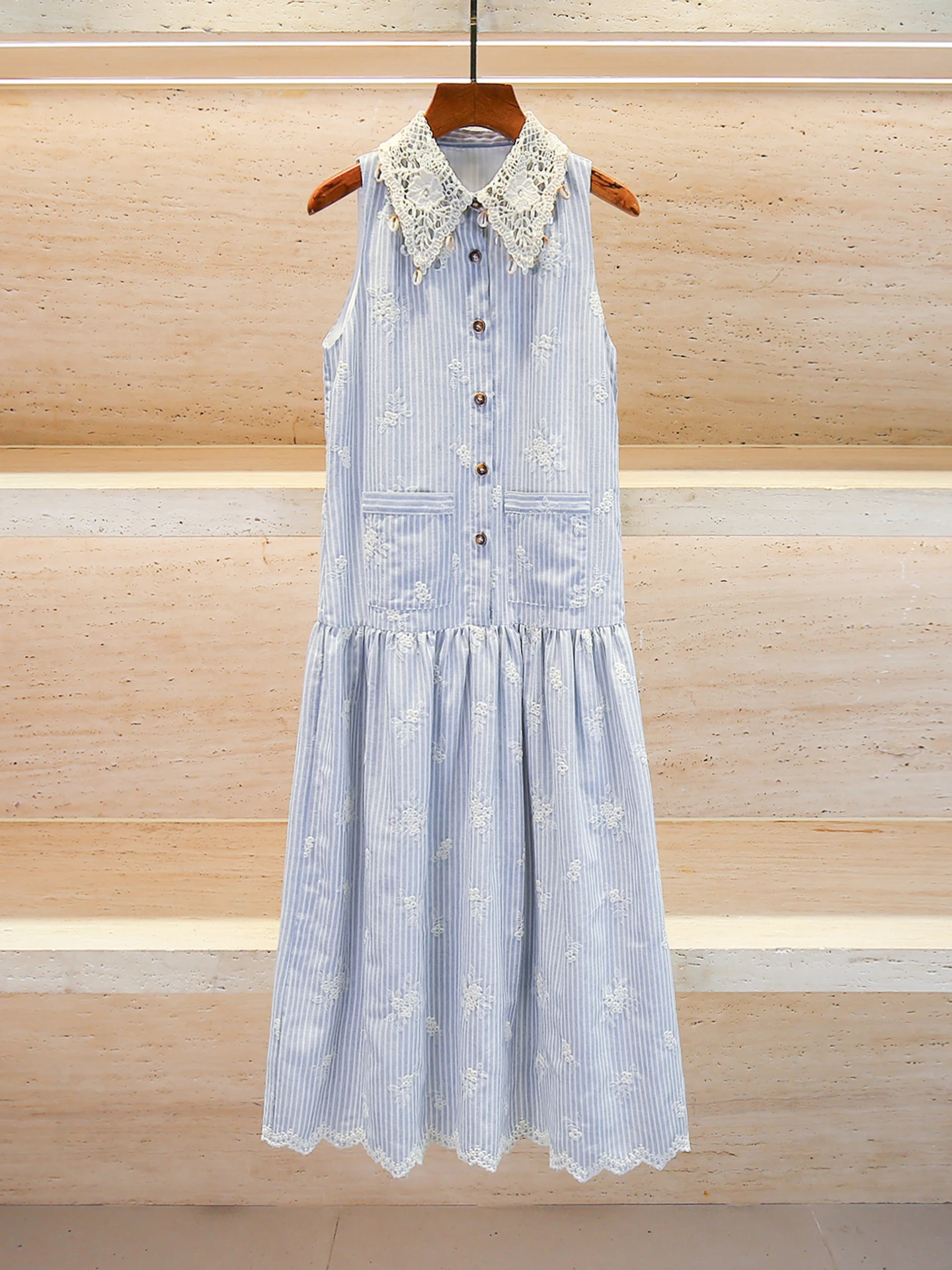 

Ele Summer Long Dr with Lace Collar And Embroidered Stripes High Waist A-Line Skirt Polyester Fiber No Sve Collar