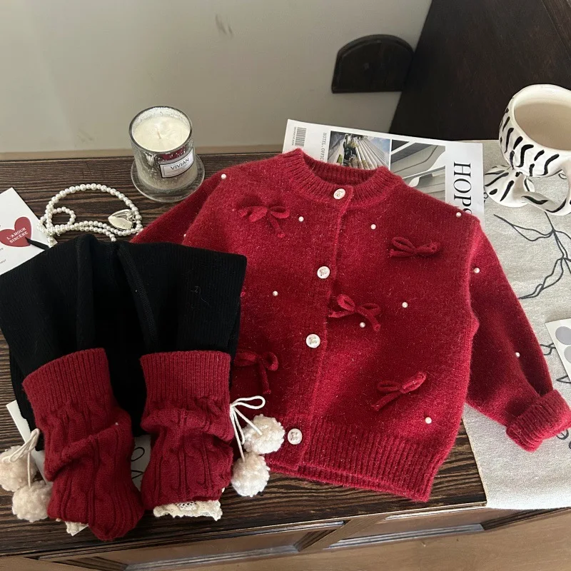 

Children's Clothing New Winter Girls Thickened New Year Sweater Cardigan Pile Socks Fleece Lined Leggings Set