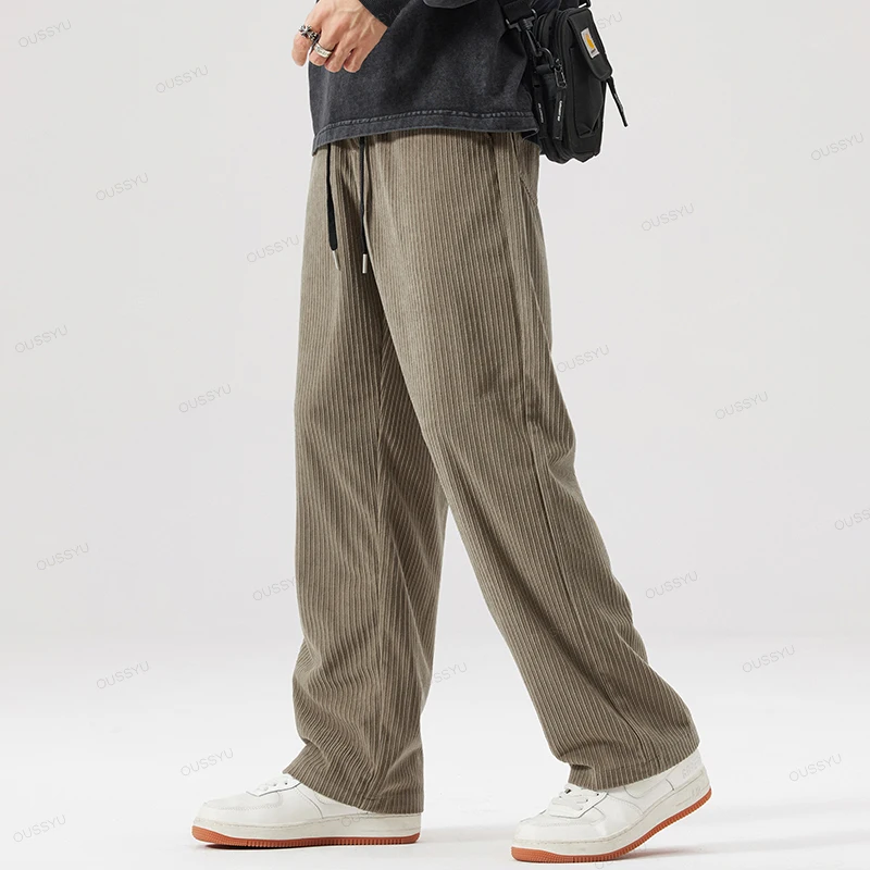 OUSSYU Brand Autumn Winter Men's Stripe Corduroy Pants Elastic Waist Drawstring Straight Thick Outdoors Loose Casual Trousers