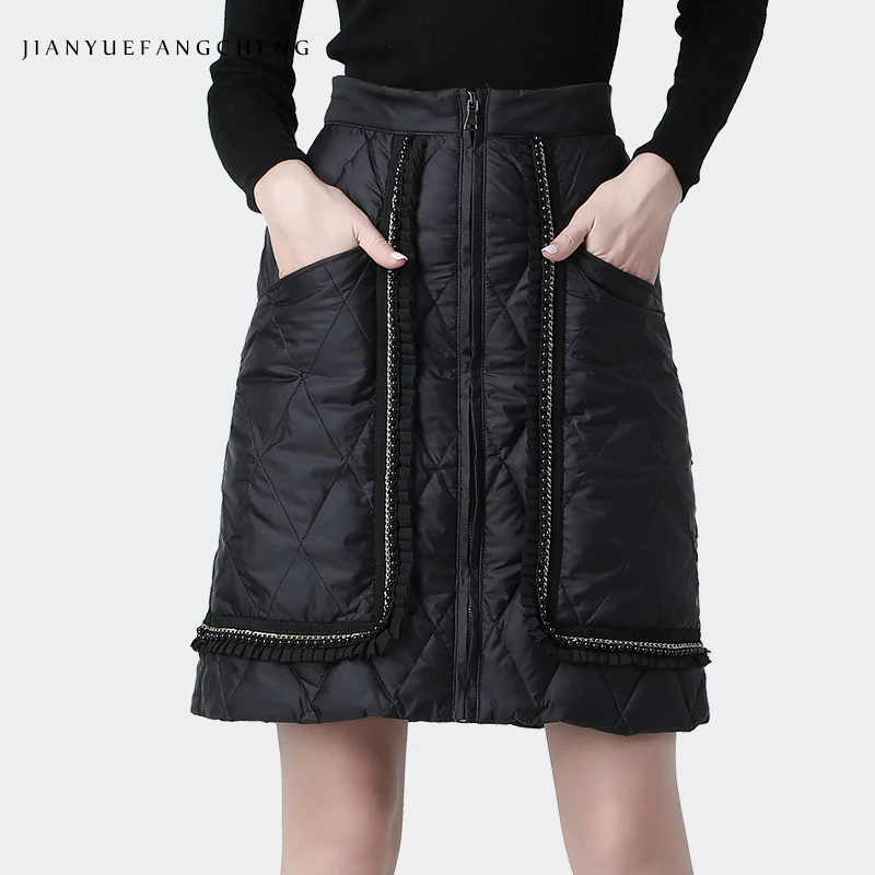 Women Winter Above-knee Short Skirt Warm Lightweight White Duck Down Padding Black Pencil Skirts With Patchwork Pockets