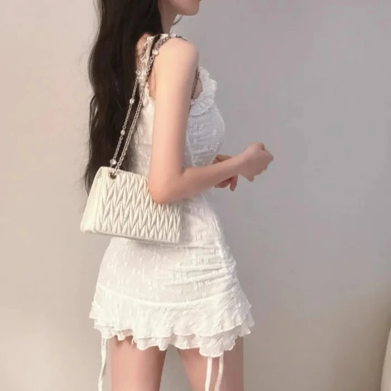 Coreano chique em camadas babados vestido de uma peça verão sexy pescoço quadrado festa vestido fino feminino cordão roupas casuais