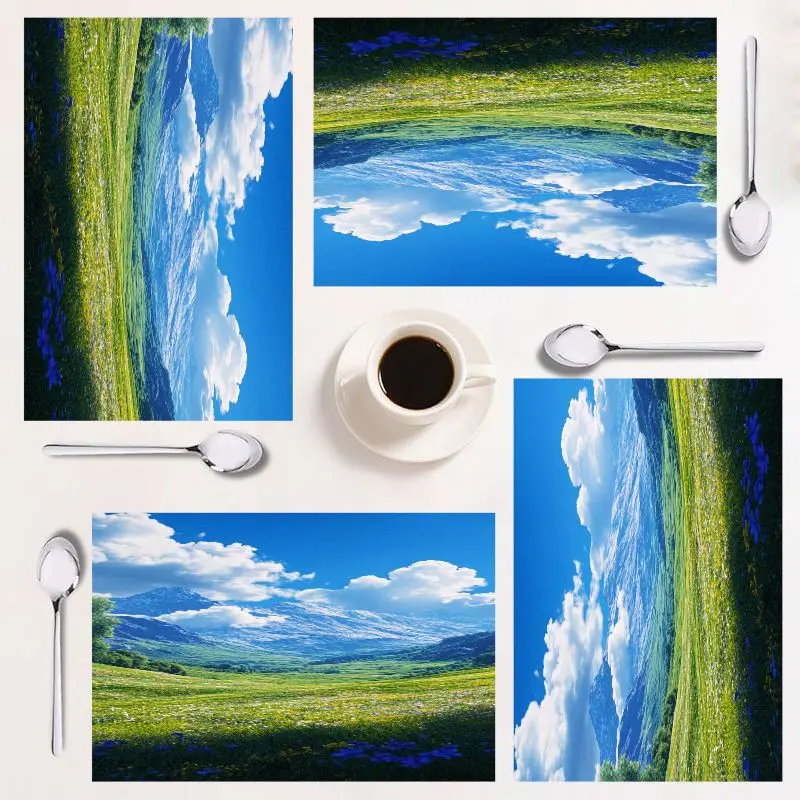 

4-piece placemat set, vibrant mountain landscape, easy to clean, INS style, perfect for home dining, 12×18 inches.