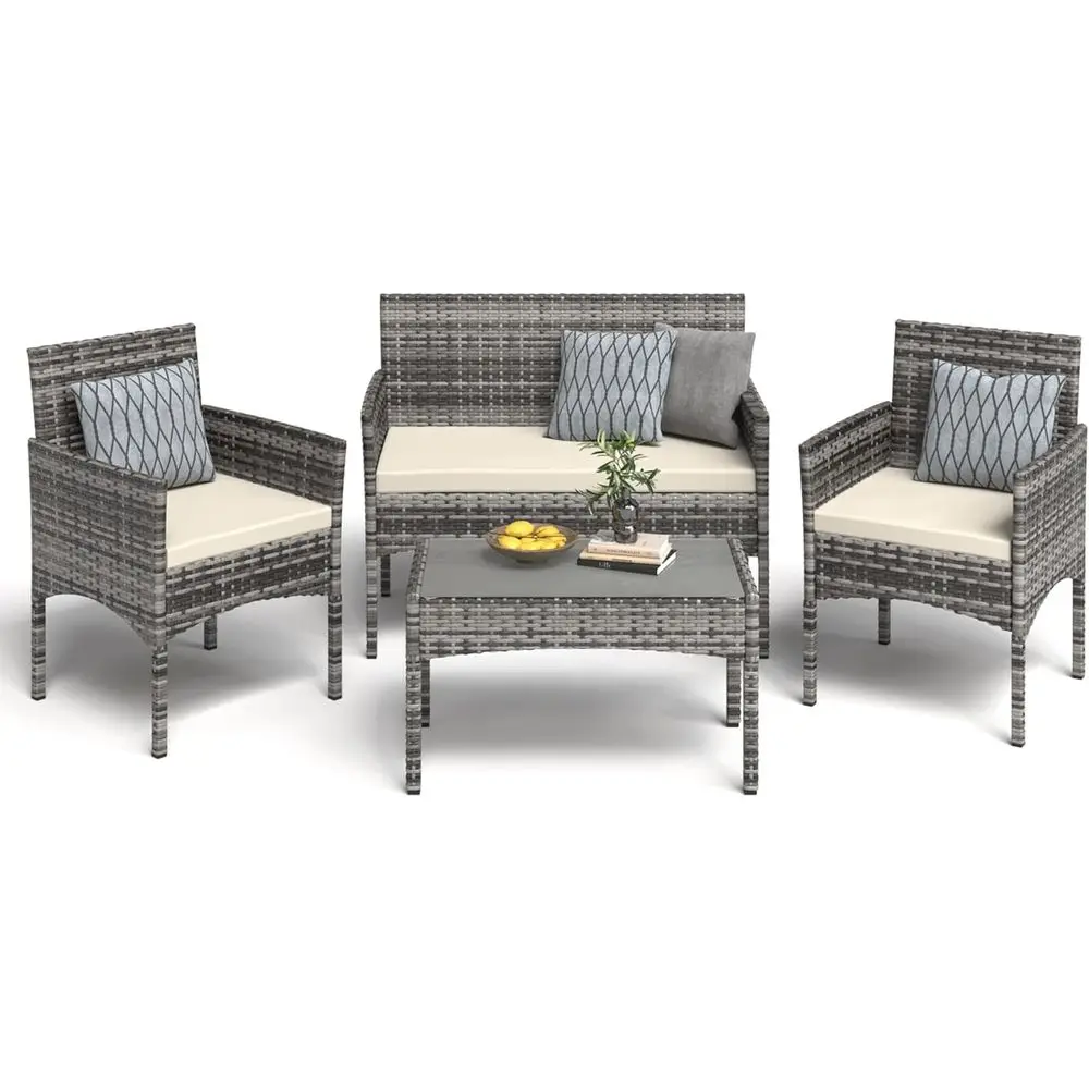 4-Piece Outdoor Wicker Patio Furniture Set with Waterproof Cushions for Garden, Poolside, and Balcony