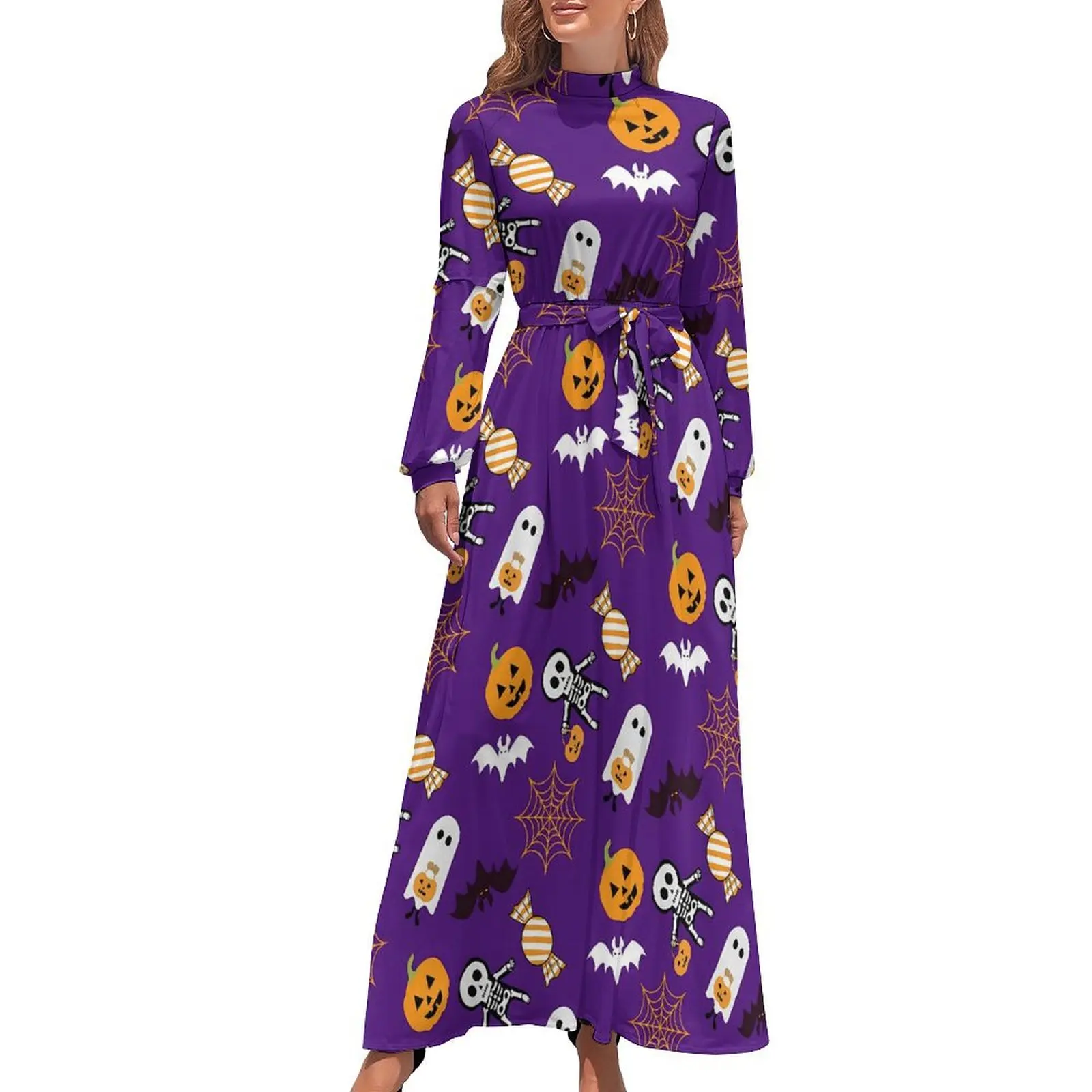 

Halloween Spooky Dress Cute Ghost Pumpkin Sexy Printed Maxi Dress High Waist Long Sleeve Stylish Boho Beach Long Dresses