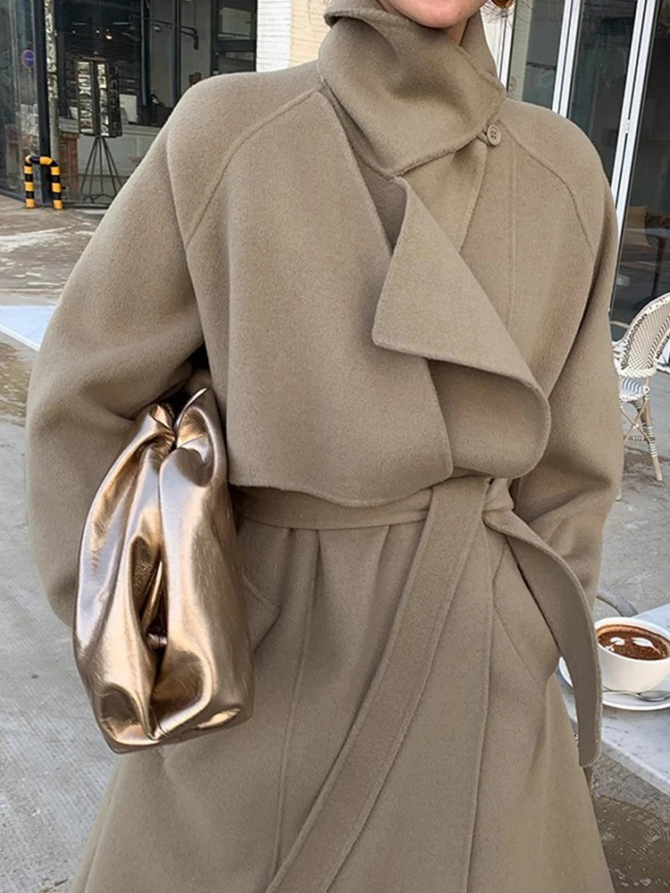

Chic Winter Vintage Long Coat Warm Woolen Jaet Belted Slimming Windbreaker Sle Korean Loose Fit Long Sve Pure Color