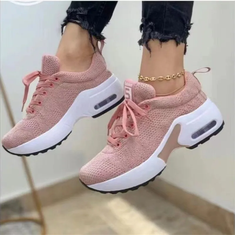 2022 Sports Shoes Women's Shoes Thick Soles Mesh Breathable Casual Shoes Lace Up Wedge Shoes Slip on Women's Shoes Vulcanization