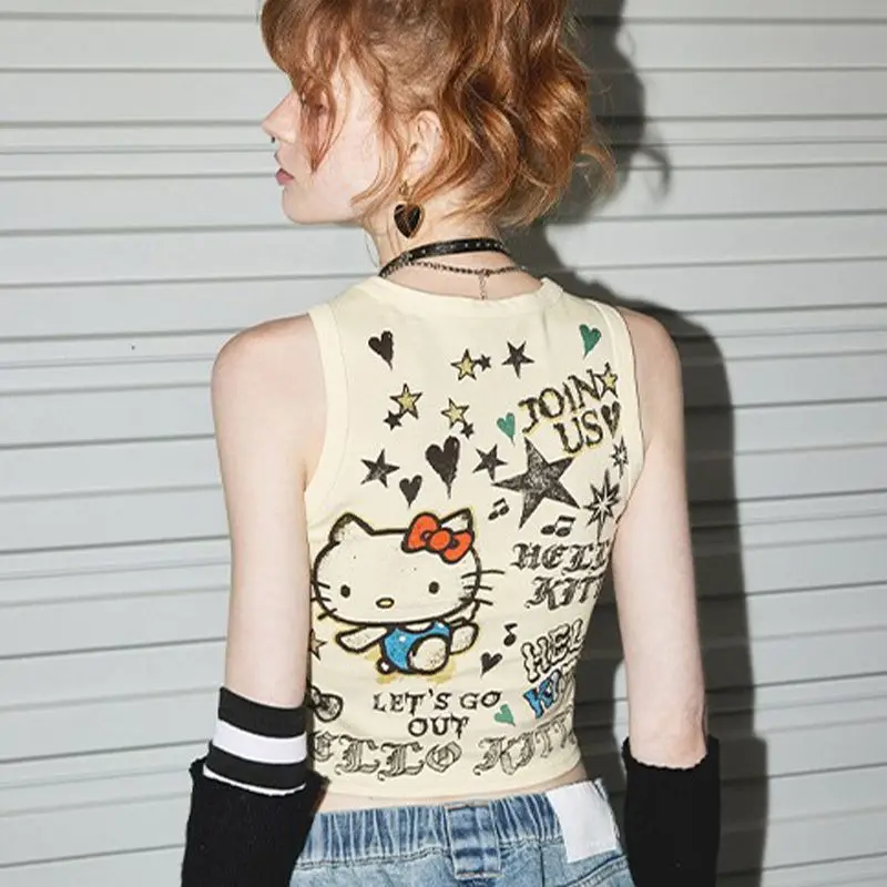 Sanrio Hello Kitty Fashion Sexy Tank Top for Women Ribbed Knit Anime Summer Vest Streetwear Aesthetic Clothing Female Crop Top