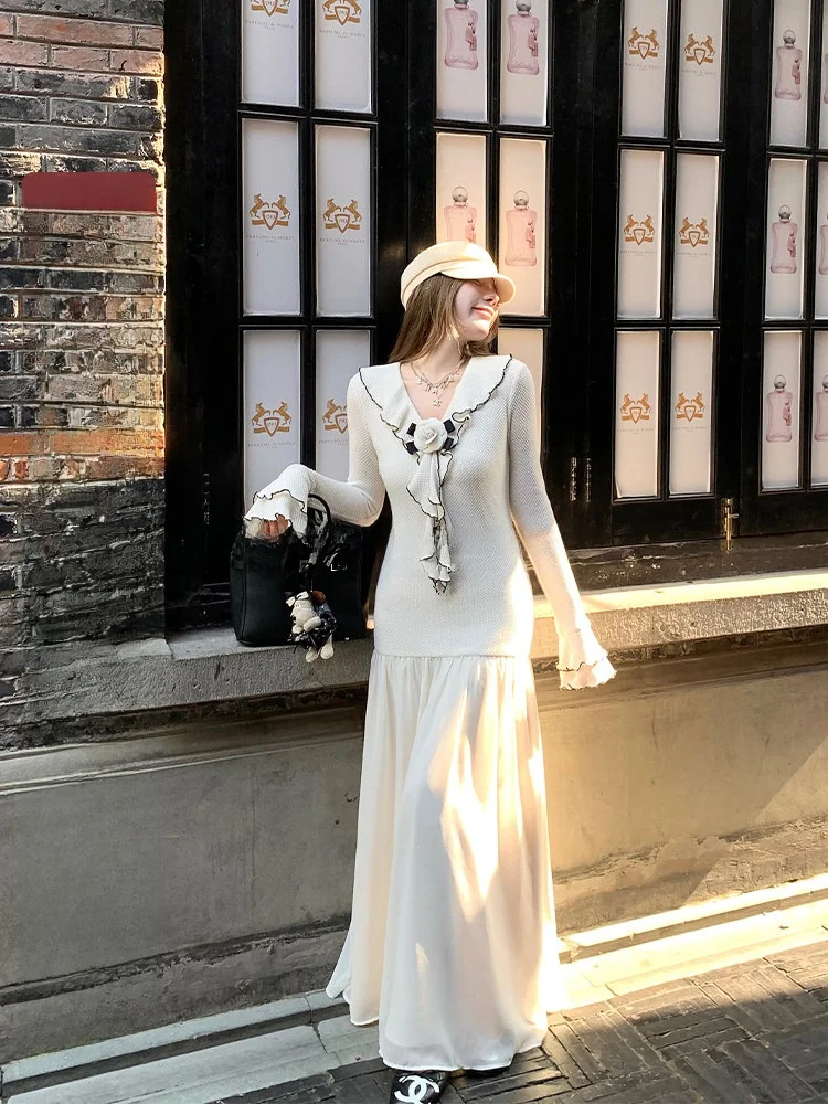 

Luu White Knitted Long Sve V-Ne Dr Women's Spring Autumn Design Sense Inner Wear Dr Korean Sle A-Line Skirt