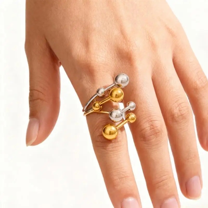 31BF Modern Jewelry Piece Featuring Gold Silver Blend Double Layer Adjustable Ring Ball Decorations Stainless Steel Build Long