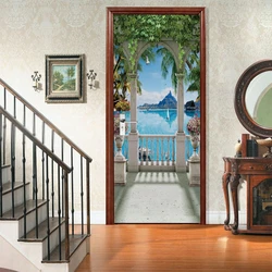 Balkon Zeezicht PVC-deurstickers voor huisdecoratie Esthetische kamer Muurkunst Zelfklevend behang op de kastkoelkast