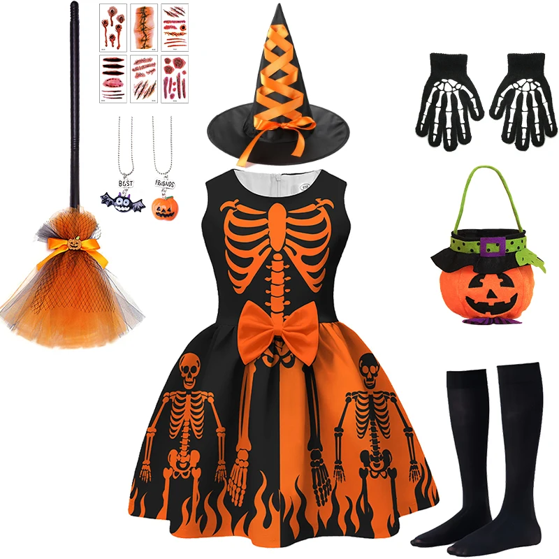 Kids Skeleton Print Sleeveless Devil Dress Halloween Cosplay Witch Vampire Masquerade Performance Horror Party Children Costume