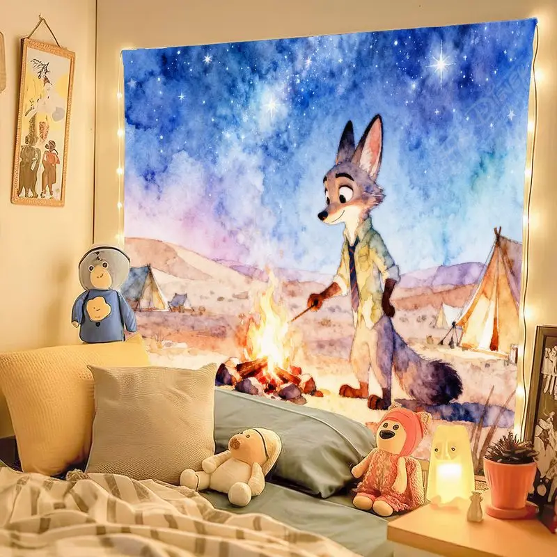 قطعة واحدة من نسيج Zootopia Nick Wilde Fox، ألوان مائية للصحراء والنار المرصعة بالنجوم ليلة جدارية لتزيين غرفة النوم المنزلية الحديثة كهدية.