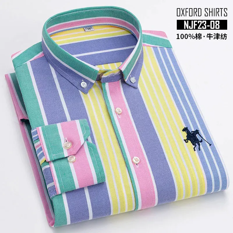 6XL 7XL Men\'s Shirt Long Sleeve Oxford Spunspring Summer 100% cotton no-iron Fashion plaid stripe casual high quality