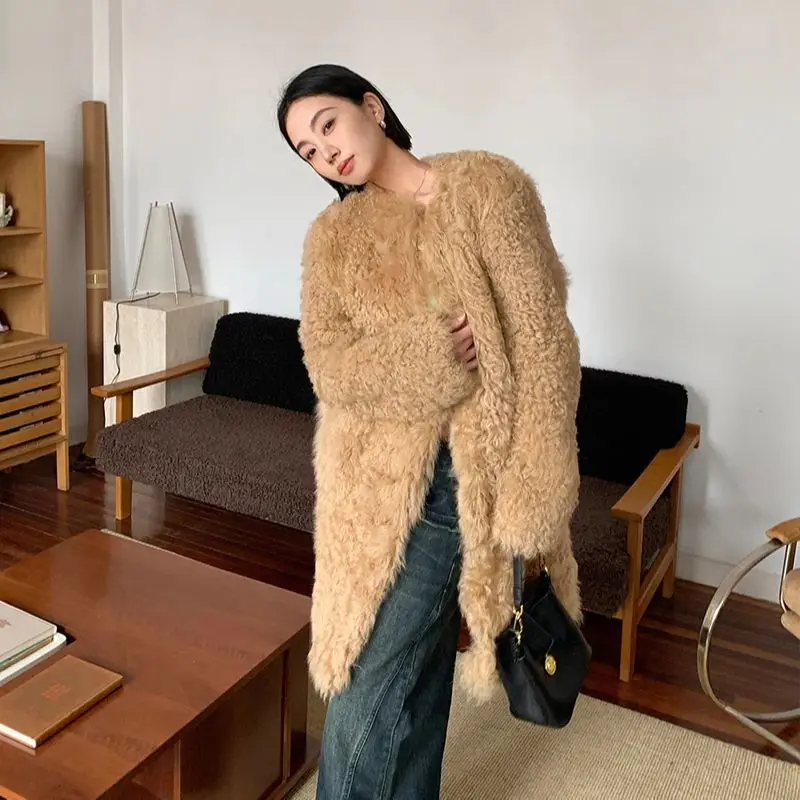 Winter Fashion Luxury Women Real Tuscan Fur Shearling Coat Women\'s Lamb Wool Fur Coat