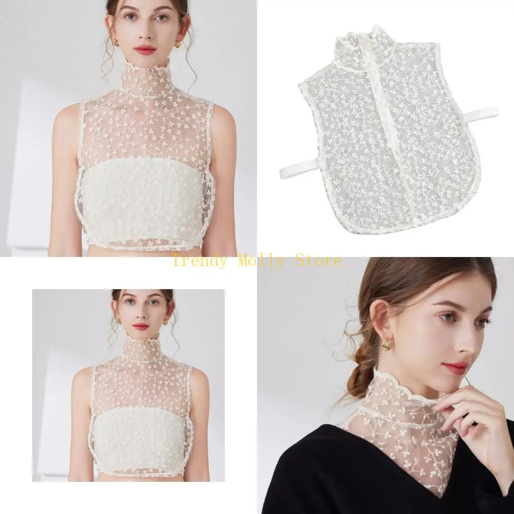 N5KB Elegant Seethrough Detachable Lace Neckpiece Charm Neckwear Decorative Collar for Dress and Daily Outfit Upgrading