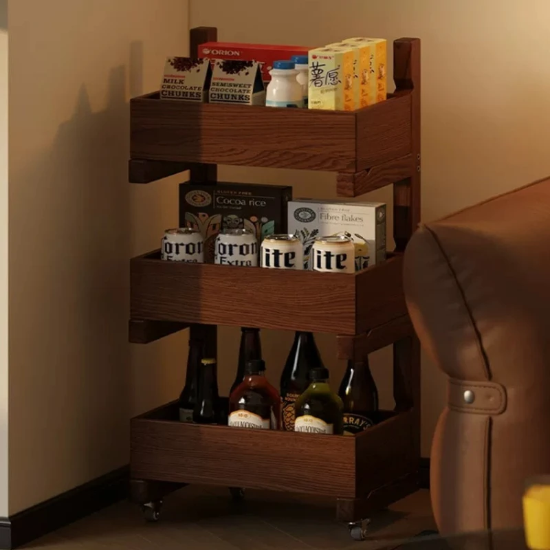 Solid Wood Bookshelf for Living Room Standing Storage Display Stand with Wheels Multifunctional Plants Rack Rolling Utility Cart