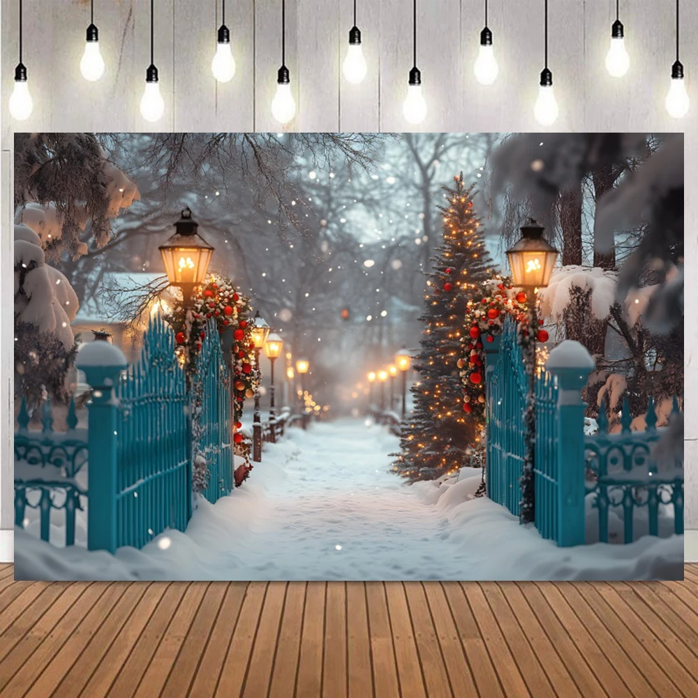 Christmas Snow Scene Photography Background Town Xmas Tree Fence Snowfield Snowflake Kids Portrait Party Decor Backdrop Photo