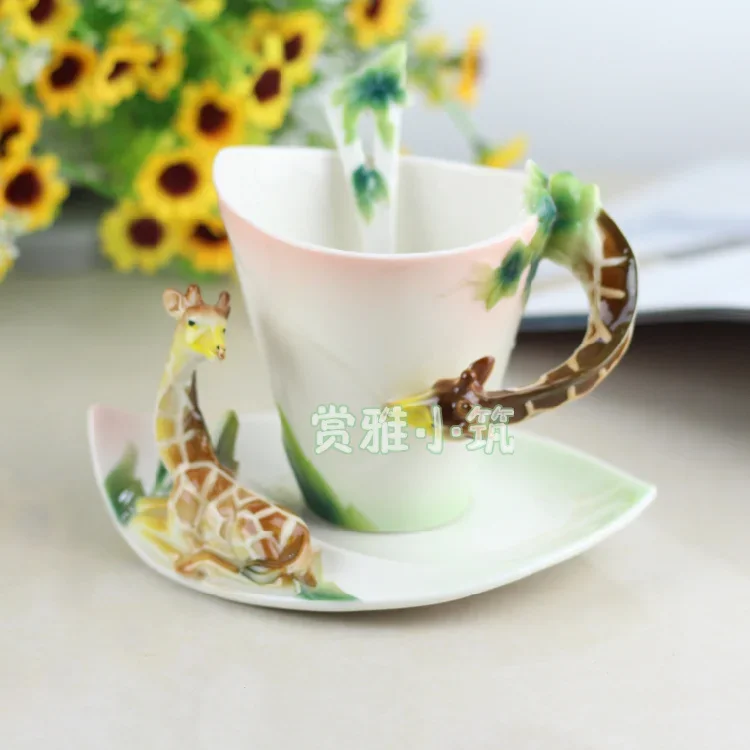 Colored Enamel Coffee Cup Suit European Fashion Giraffe Design Ceramic Mug Birthday Gift