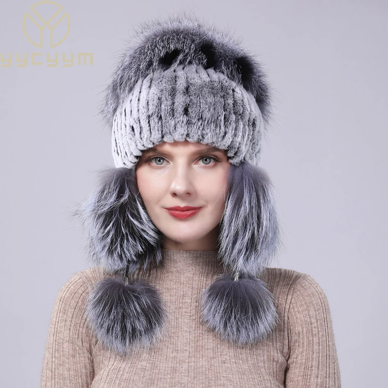 

2024 New Winter Hat For Women Warm Natural Genuine Rex Rabbit Fur Knitted Hats With Ear Flaps Handsewn Fashionable Bomber Hat