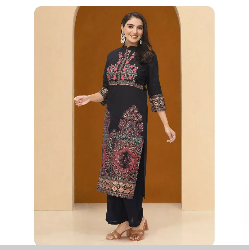 Indian traditional clothing printed pure cotton thin standing collar seven quarter sleeve top - view 3