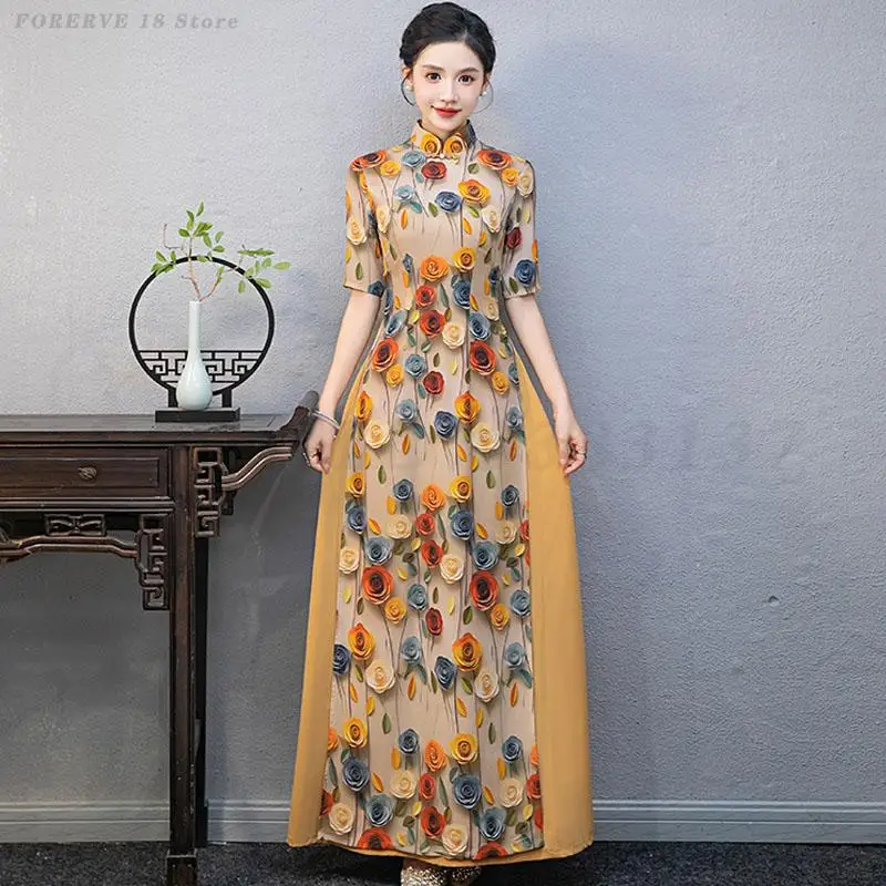 

Vintage Mandarin Collar Ao Dai Qipao Classic Elegant Dance Costume New Chinese Style Satin Cheongsam Traditional Oriental Dress