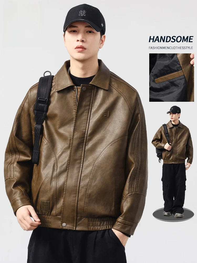 

Jeanswest American Retro Biker Leather Jaet Men's Loose Sli Collar Trendy Brand Motorcycle PU Leather Jaet