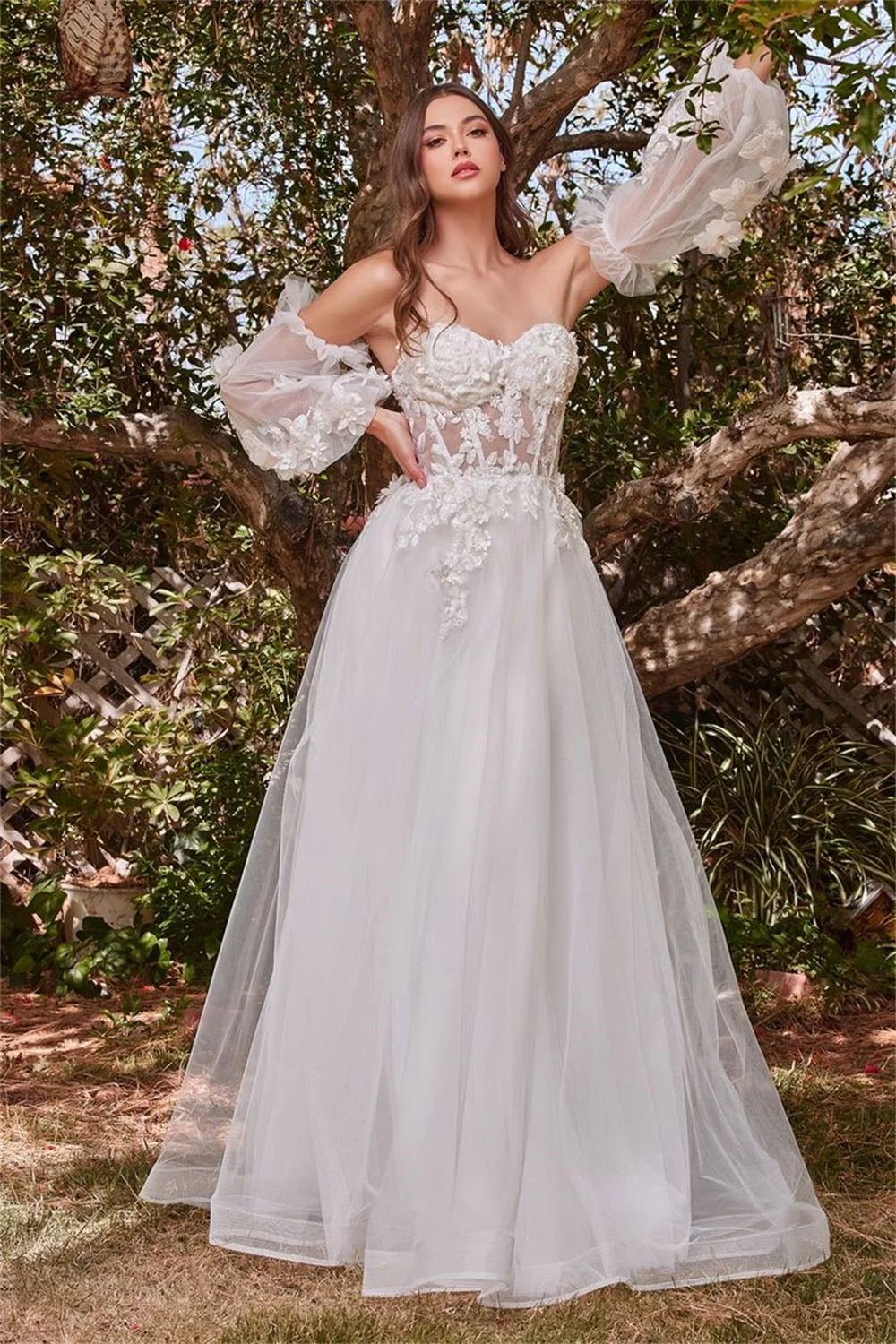 Amanda Luxury 3D Flower A-line Vestidos De Noche White Puffy Sleeve فساتين مناسبة رسمية Romantic Tulle Prom Dress 2023