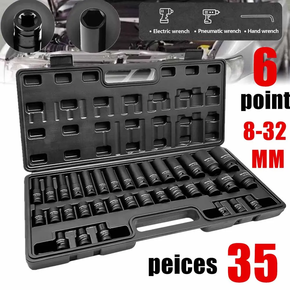 Professional 35Pcs 6 Point Wall Deep Impact Socket Set 1/2