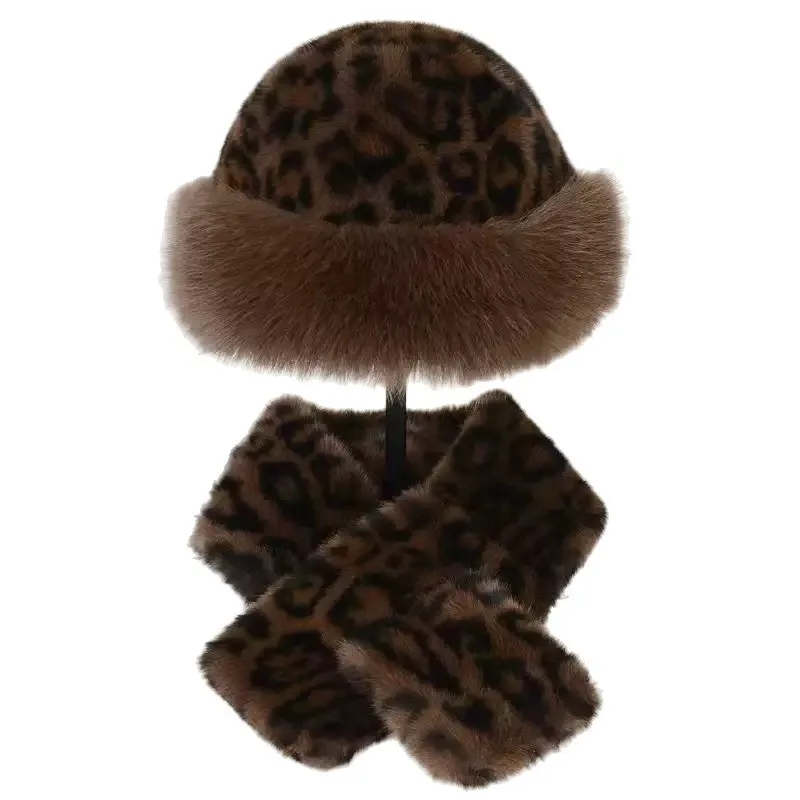 2 قطعة الخريف الشتاء الأوروبية الأمريكية تقليد فرو المنك موضة تنوعا ليوبارد طباعة قبعة طقم أربطة عنق تحذير القبعات والرقبة أدفأ #5