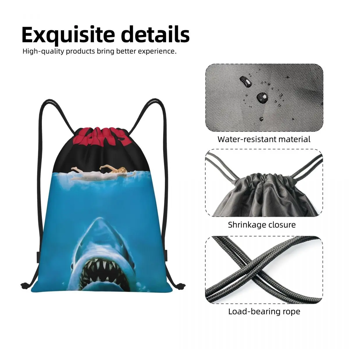 Jaws Movie Poster bolsas con cordón portátiles multifunción, bolsa deportiva para libros