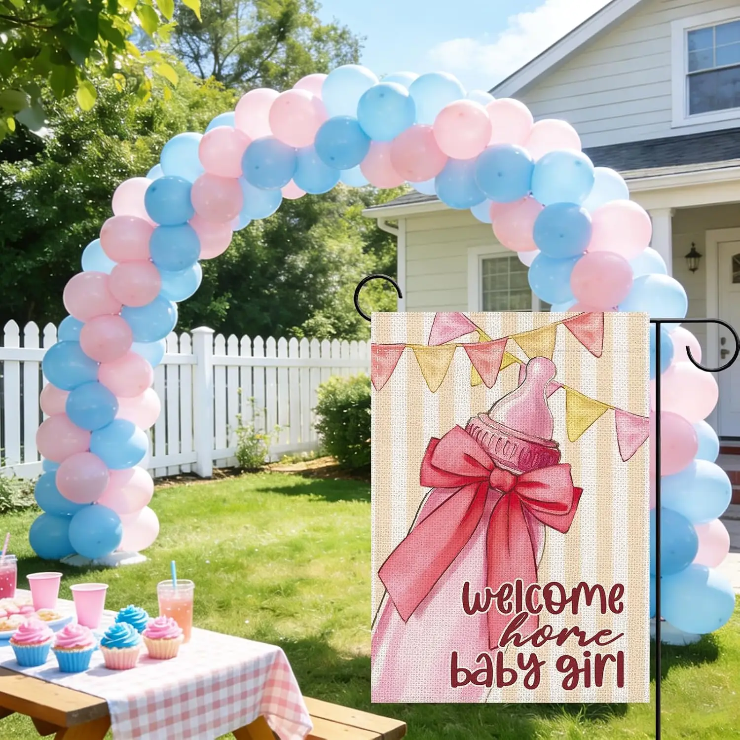 Baby Shower Pink Bow Bottle Decorative Garden Flag, Welcome Home Baby Girl Newborn Small Yard Outside Decoration New Dad Mom IIC