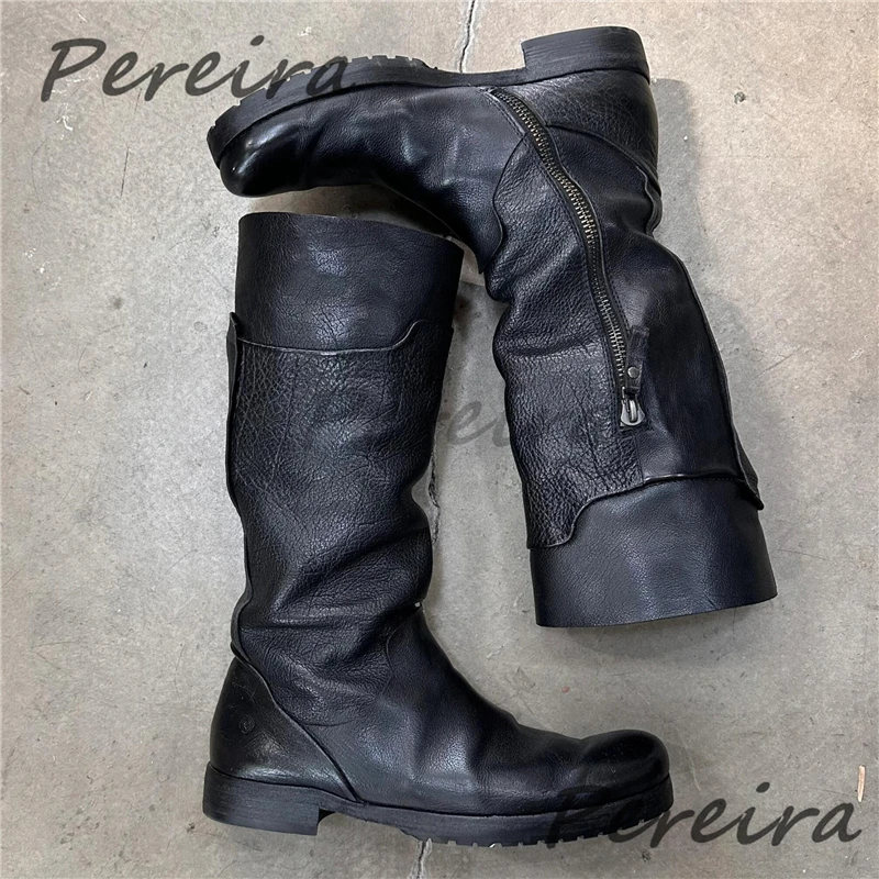 Retro Men's Knee High Boots Trendy Round Toe Side Zipper Knight Boots Autumn Winter Outdoor Comfortable Male Shoes