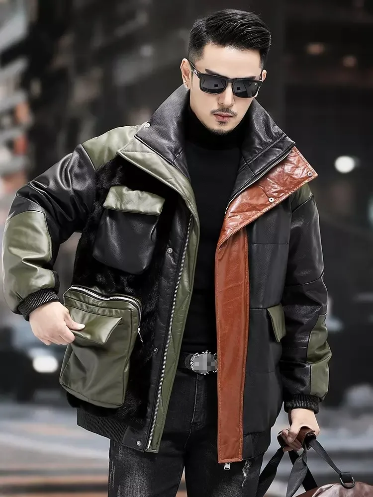 Big Pockets Work Down Jacket Men Winter Warm Loose Fit Overcoat Patchwork Genuine Leather Jacket Plus Size 5XL Cowhide Outwear