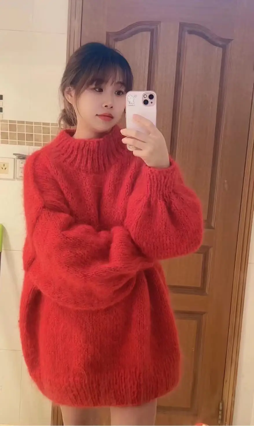 sleeved small high neck exquisite minimalist style loose and comfortable solid color handmade knitted mohair top, hand wove