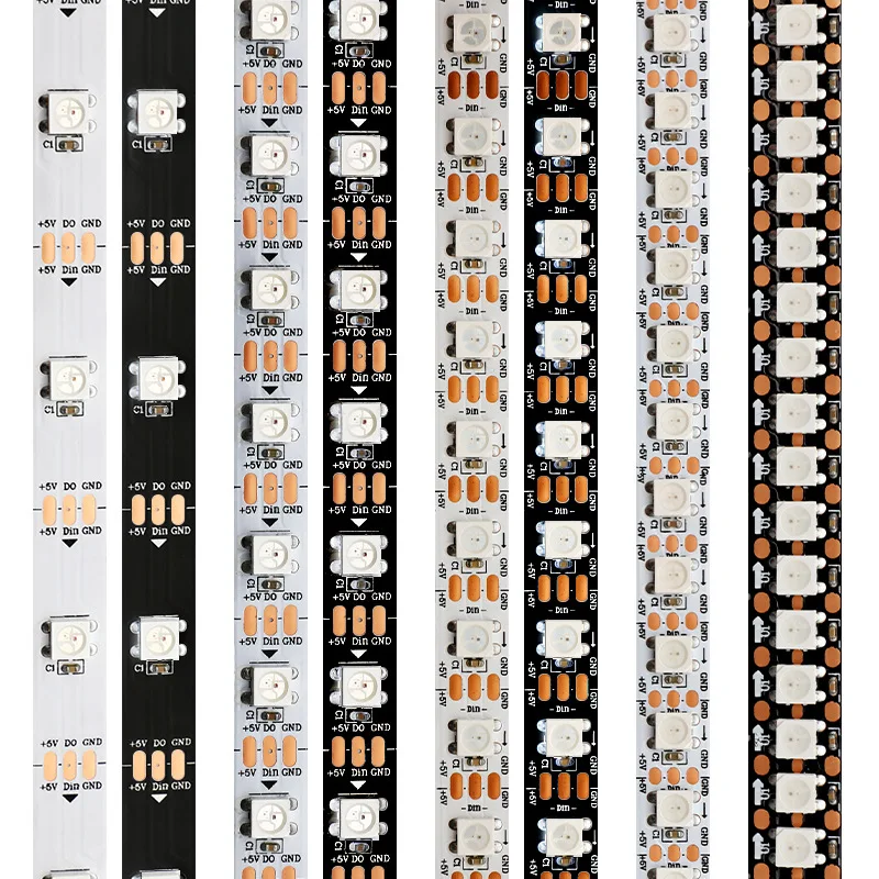 Bande lumineuse LED RVB adressable, Pixels intelligents, Lumière magique, Noir, Blanc, PCB, IP30, 65, 67, DC5V, WS2812B, WS2812