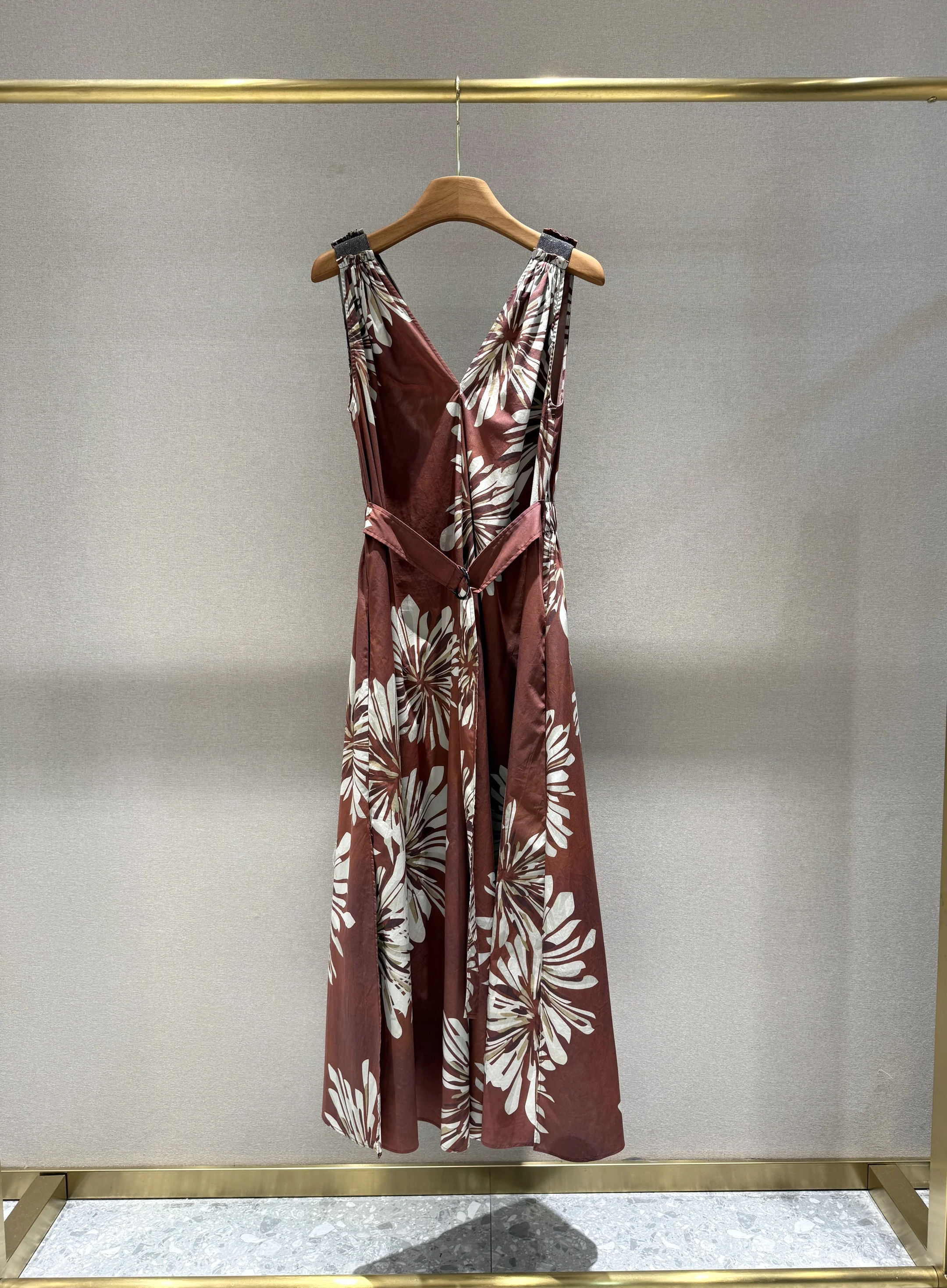 2026 new summer V-neck printed nail bead split waistband vest dress