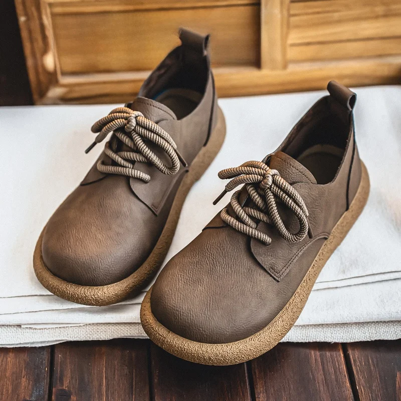 

Мужские кожаные ботинки в стиле ретро, большие размеры, новинка 2025 года, осенние, с широким носком, в британском стиле, для широкой стопы